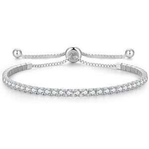 Apr-CZ Sterling Silver Birthstone 2.5mm Tennis Bolo Bracelet